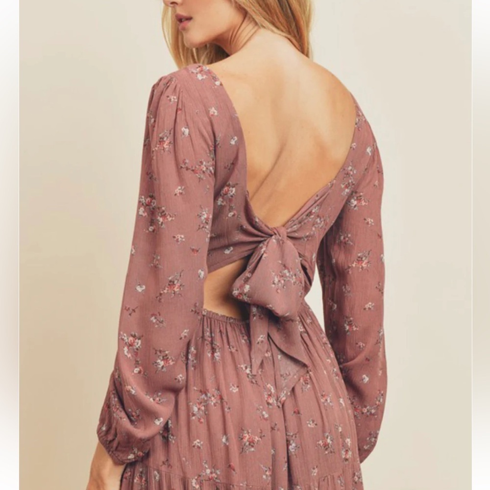 Dress Forum Floral Print Open Back Long Sleeve Tiered Maxi Dress M Rose - Picture 2 of 10